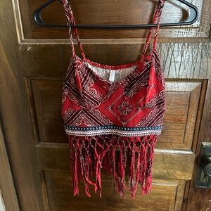 Vibrant Red Patterned Fringe Top